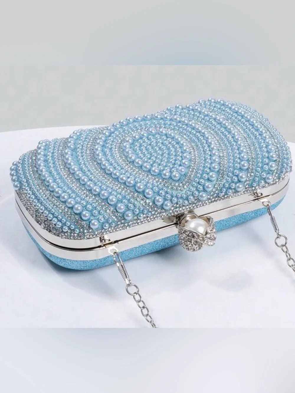 Pearl & Crystal Embellished Clutch - Blue
